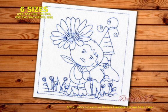 Boy Looking at Flower in Garden Redwork