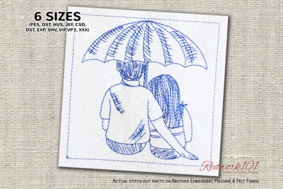 Couple Dating Under Umbrella Redwork