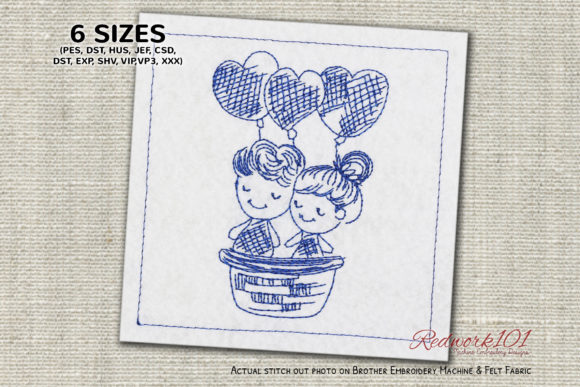 Couple in Hot Air Balloon Redwork
