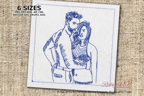 Couple Posing Redwork Design
