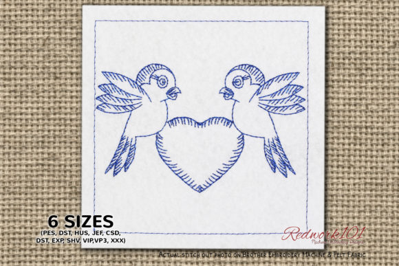 Cute Birds with Heart Symbol Redwork