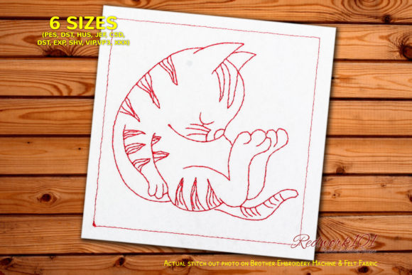Cute Cat Taking Nap Redwork