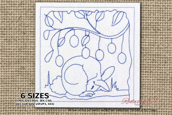 Easter Rabbit Sitting on Grass Redwork