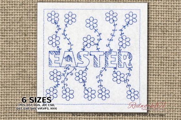 Easter Text with Floral Pattern Redwork