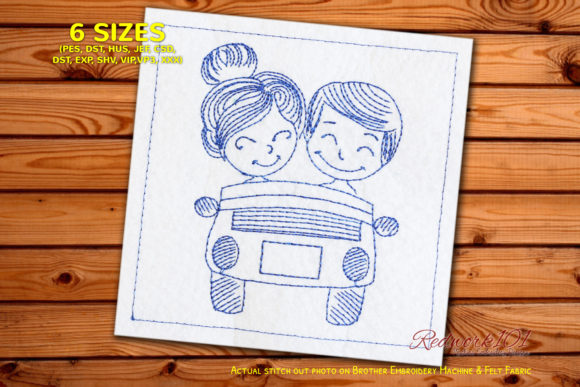 Lovely Couple Driving Car Redwork